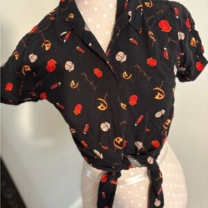 Women's Trick r Treat Black Halloween Print Button Down Shirt